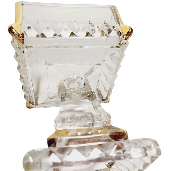 Jeannette Glass Wedding Bowl Lidded Pedestal Candy Dish Trinket Gold Trim - Picture 9 of 11